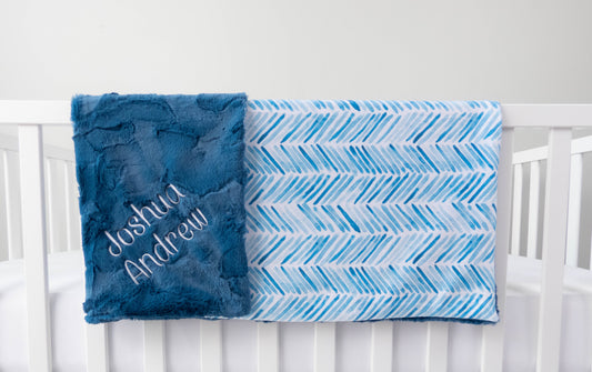 Blue Herringbone Personalized Baby Blanket