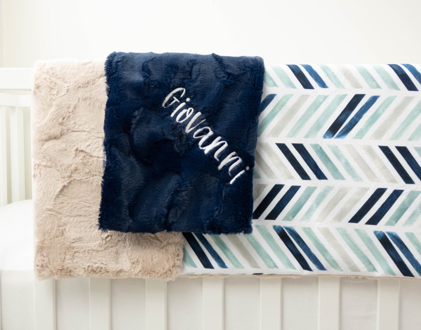 Navy Chevron Geometric Personalized Baby Blanket