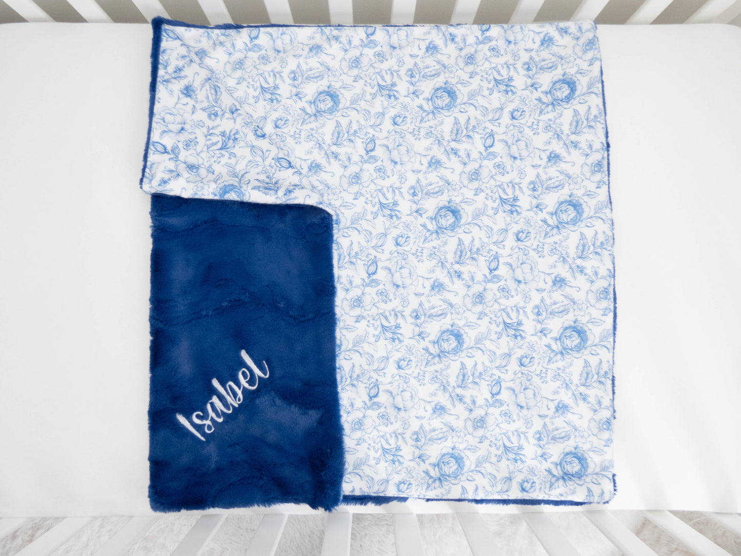 Blue and White Floral Toile Personalized Baby Blanket