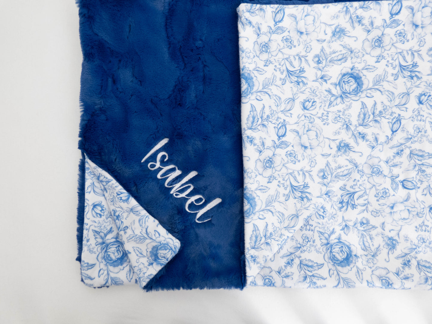 Blue and White Floral Toile Personalized Child Size Blanket