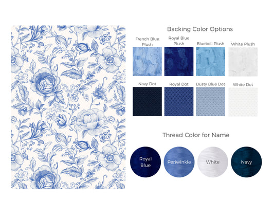 Blue and White Floral Toile Personalized Child Size Blanket