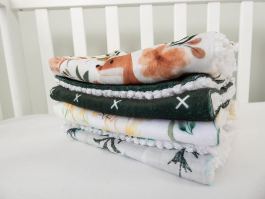 Burp Cloth Set of 4- Forest Animals, Green X's, Solitude Pines, and Animal Party