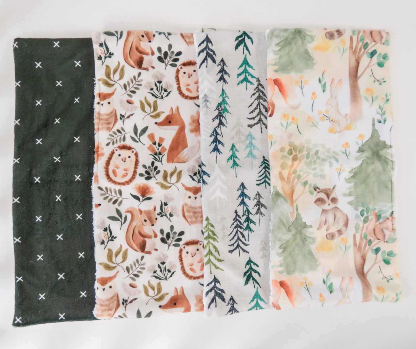 Burp Cloth Set of 4- Forest Animals, Green X's, Solitude Pines, and Animal Party