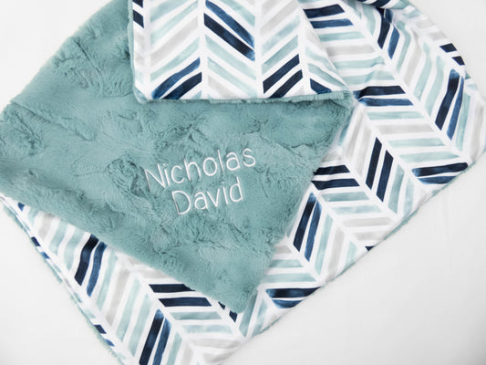 Navy Chevron Geometric Personalized Baby Blanket