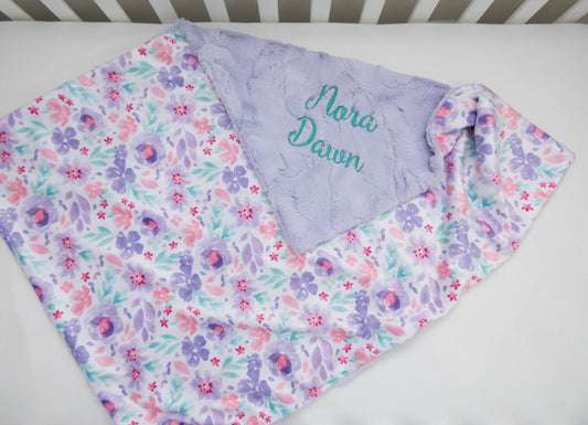 Purple Pastel Floral Personalized Baby Blanket