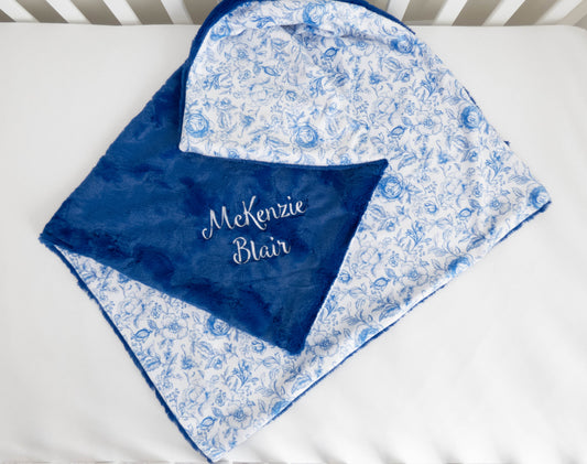 Blue and White Floral Toile Personalized Baby Blanket