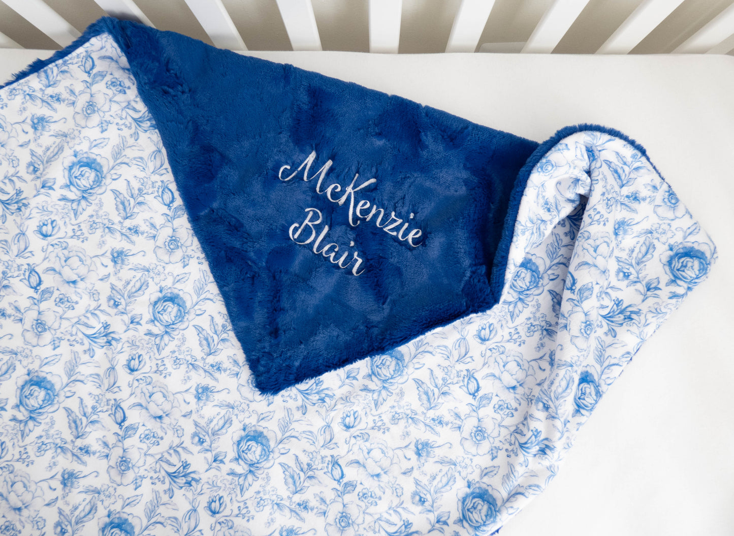 Blue and White Floral Toile Personalized Child Size Blanket