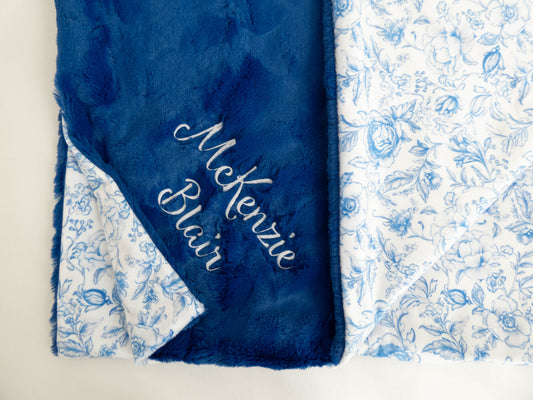 Blue and White Floral Toile Personalized Child Size Blanket