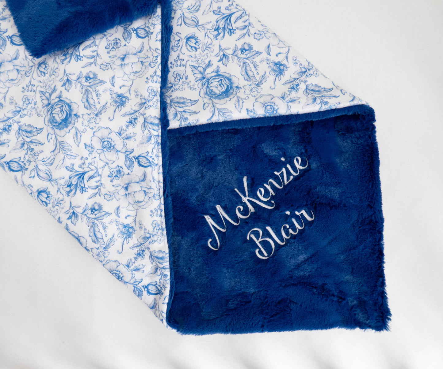 Blue and White Floral Toile Personalized Baby Blanket
