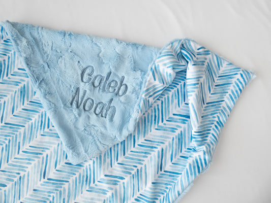 Blue Herringbone Personalized Baby Blanket