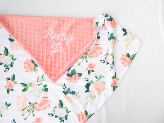 Blushed Coral Floral Personalized Baby Blanket