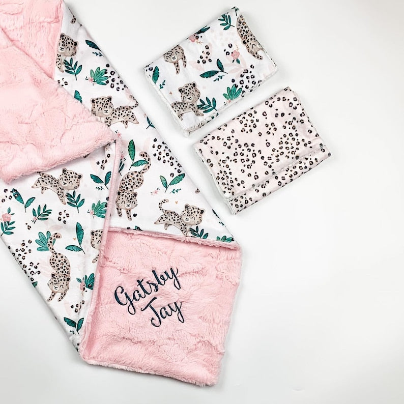 Burp Cloth Set of 2 - Baby Cheetahs and Cheetah Print in Blush