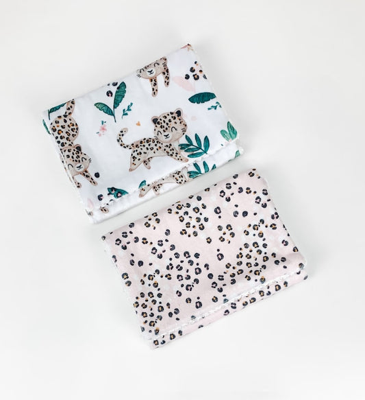 Burp Cloth Set of 2 - Baby Cheetahs and Cheetah Print in Blush